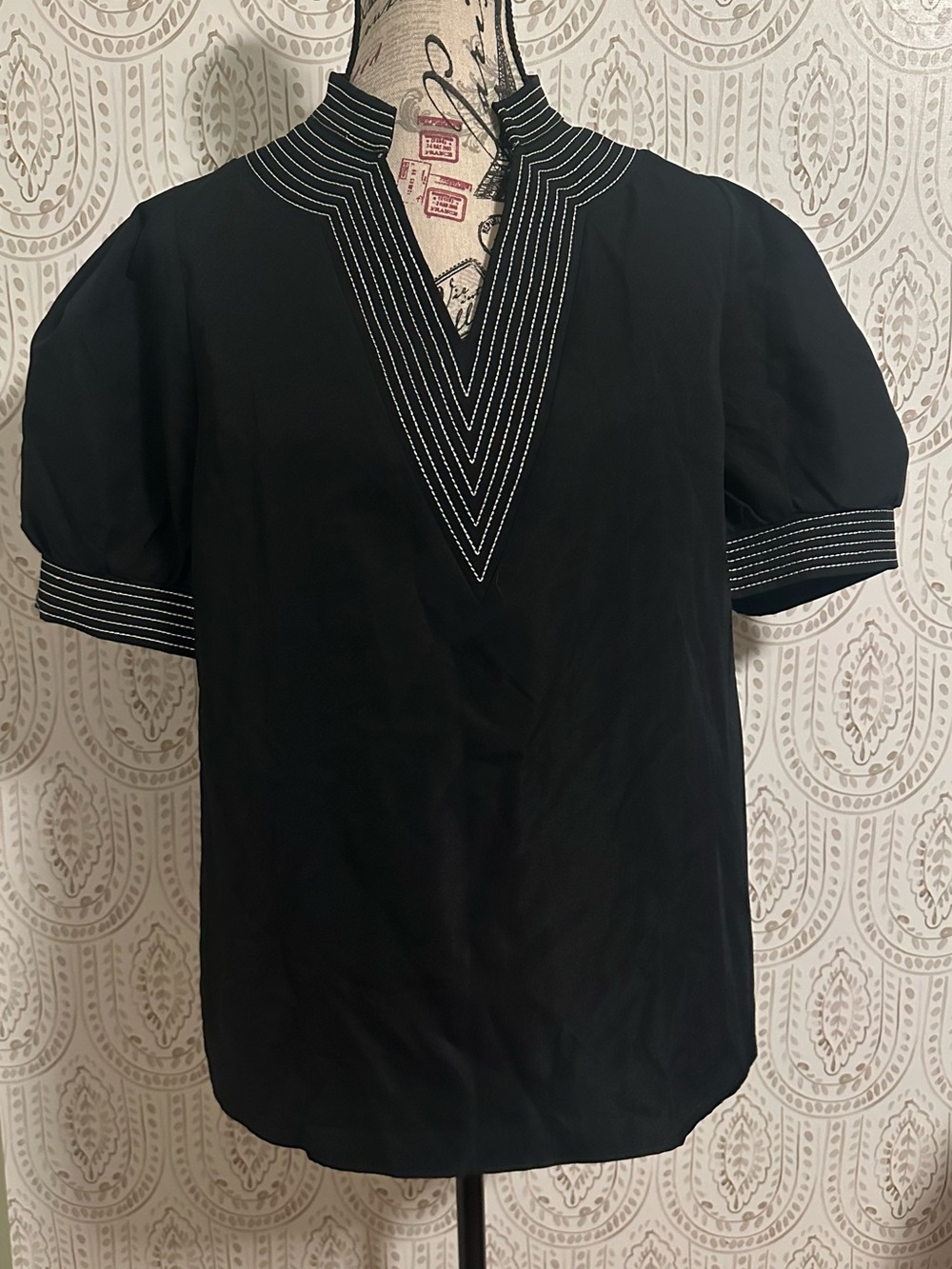 Amazon Black V-Neck Top with White Stitch Detail